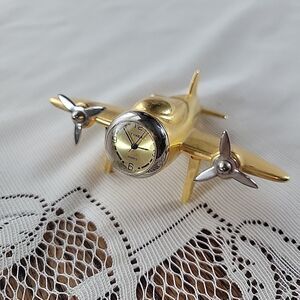 VTG TIMEX Collectible Mini-Clock - Golden Airplane,  Brass Body & Stainless READ